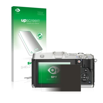 Parte frontal de un envase de producto con el logotipo de la marca upscreen. Al lado se muestra el dispositivo Olympus PEN E-P