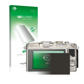 Parte frontal de un envase de producto con el logotipo de la marca upscreen. Al lado se muestra el dispositivo Olympus PEN E-P