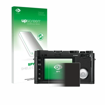 Parte frontal de un envase de producto con el logotipo de la marca upscreen. Al lado se muestra el dispositivo Leica X Vario c