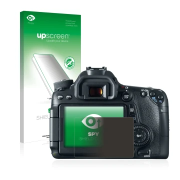 Parte frontal de un envase de producto con el logotipo de la marca upscreen. Al lado se muestra el dispositivo Canon EOS 70D c