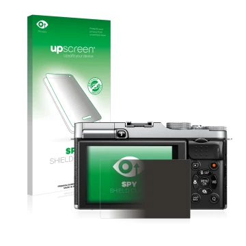 Parte frontal de un envase de producto con el logotipo de la marca upscreen. Al lado se muestra el dispositivo Fujifilm X-M1 c