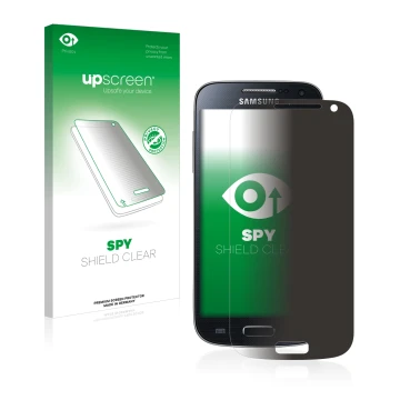 Parte frontal de un envase de producto con el logotipo de la marca upscreen. Al lado se muestra el dispositivo Samsung Galaxy 
