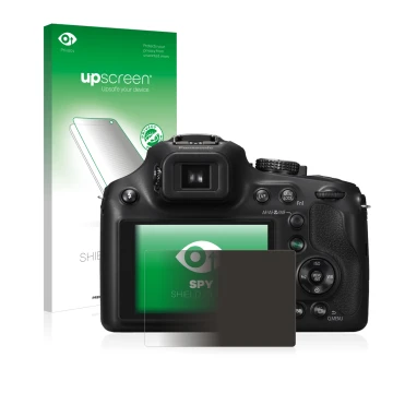 Parte frontal de un envase de producto con el logotipo de la marca upscreen. Al lado se muestra el dispositivo Panasonic Lumix