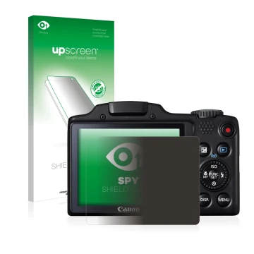 Parte frontal de un envase de producto con el logotipo de la marca upscreen. Al lado se muestra el dispositivo Canon PowerShot