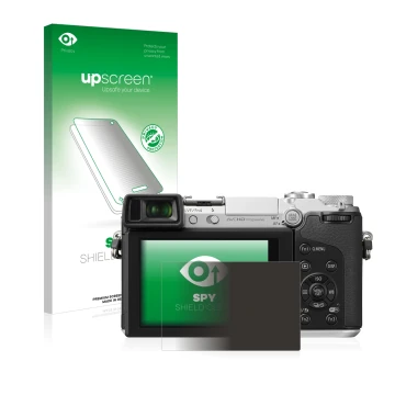 Parte frontal de un envase de producto con el logotipo de la marca upscreen. Al lado se muestra el dispositivo Panasonic Lumix