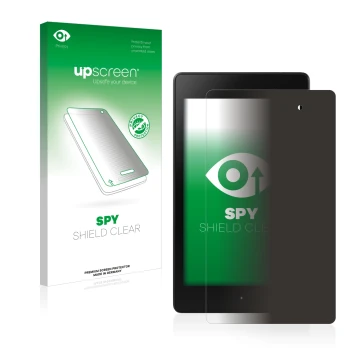 Parte frontal de un envase de producto con el logotipo de la marca upscreen. Al lado se muestra el dispositivo ASUS Nexus 7 Ta