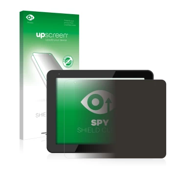Parte frontal de un envase de producto con el logotipo de la marca upscreen. Al lado se muestra el dispositivo BQ Curie 2 con 