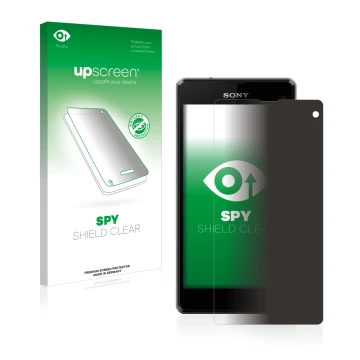 Parte frontal de un envase de producto con el logotipo de la marca upscreen. Al lado se muestra el dispositivo Sony Xperia Z1 