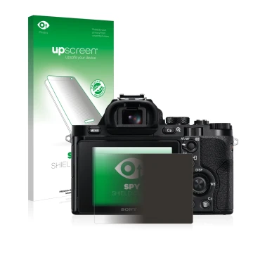 Parte frontal de un envase de producto con el logotipo de la marca upscreen. Al lado se muestra el dispositivo Sony Alpha 7 (I