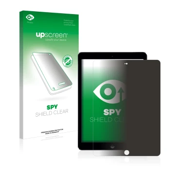 Parte frontal de un envase de producto con el logotipo de la marca upscreen. Al lado se muestra el dispositivo Apple iPad Air 