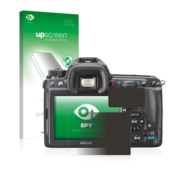 Parte frontal de un envase de producto con el logotipo de la marca upscreen. Al lado se muestra el dispositivo Pentax K3, K-3 