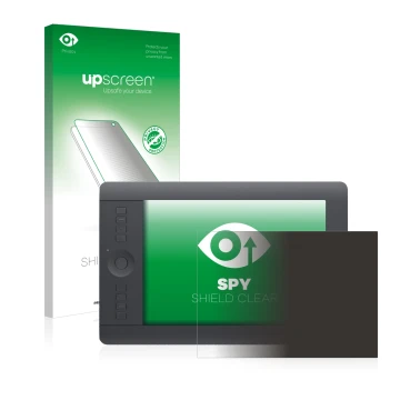 Parte frontal de un envase de producto con el logotipo de la marca upscreen. Al lado se muestra el dispositivo Wacom Intuos Pr