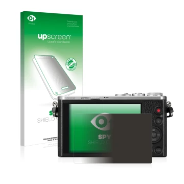 Parte frontal de un envase de producto con el logotipo de la marca upscreen. Al lado se muestra el dispositivo Panasonic Lumix