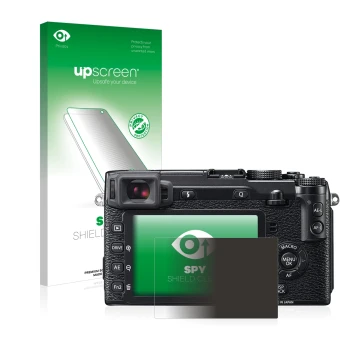 Parte frontal de un envase de producto con el logotipo de la marca upscreen. Al lado se muestra el dispositivo Fujifilm X-E2 c