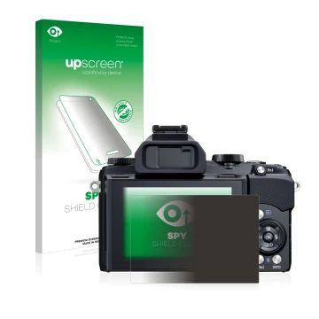 Parte frontal de un envase de producto con el logotipo de la marca upscreen. Al lado se muestra el dispositivo Olympus Stylus 
