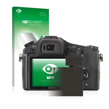 Parte frontal de un envase de producto con el logotipo de la marca upscreen. Al lado se muestra el dispositivo Sony Cyber-Shot