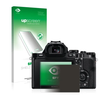 Parte frontal de un envase de producto con el logotipo de la marca upscreen. Al lado se muestra el dispositivo Sony Alpha 7R (
