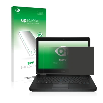 Parte frontal de un envase de producto con el logotipo de la marca upscreen. Al lado se muestra el dispositivo Dell Latitude 1