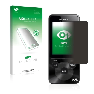 Parte frontal de un envase de producto con el logotipo de la marca upscreen. Al lado se muestra el dispositivo Sony Walkman NW