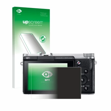 Parte frontal de un envase de producto con el logotipo de la marca upscreen. Al lado se muestra el dispositivo Samsung NX300M 