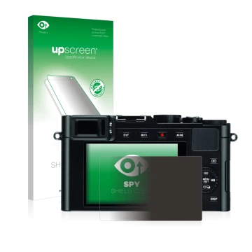 Parte frontal de un envase de producto con el logotipo de la marca upscreen. Al lado se muestra el dispositivo Leica D-Lux (Ty