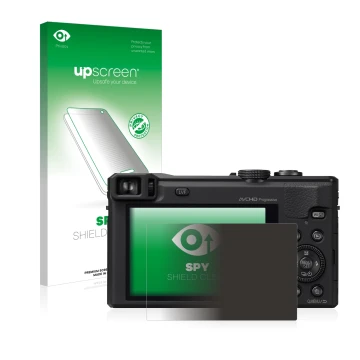 Parte frontal de un envase de producto con el logotipo de la marca upscreen. Al lado se muestra el dispositivo Panasonic Lumix