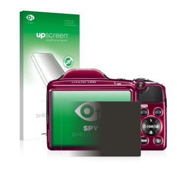 Parte frontal de un envase de producto con el logotipo de la marca upscreen. Al lado se muestra el dispositivo Nikon Coolpix L