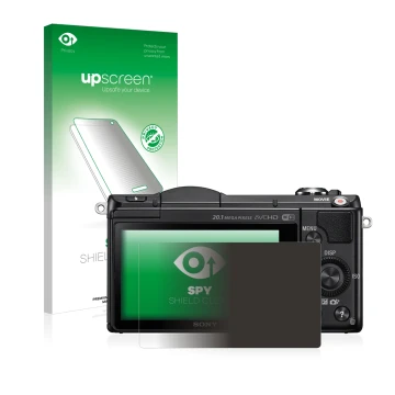 Parte frontal de un envase de producto con el logotipo de la marca upscreen. Al lado se muestra el dispositivo Sony Alpha 5000