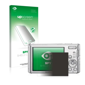 Parte frontal de un envase de producto con el logotipo de la marca upscreen. Al lado se muestra el dispositivo Sony Cyber-Shot