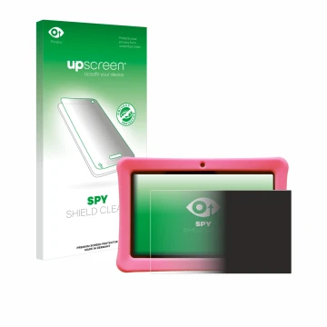 Parte frontal de un envase de producto con el logotipo de la marca upscreen. Al lado se muestra el dispositivo Contixo Kids 7