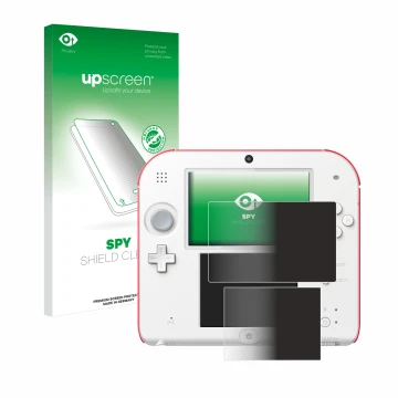 Parte frontal de un envase de producto con el logotipo de la marca upscreen. Al lado se muestra el dispositivo Nintendo 2DS co