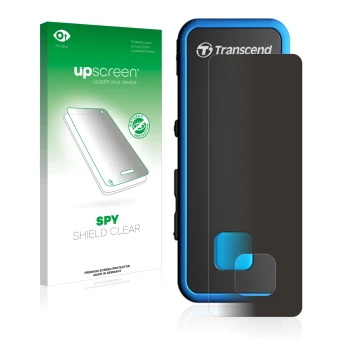 Parte frontal de un envase de producto con el logotipo de la marca upscreen. Al lado se muestra el dispositivo Transcend MP350