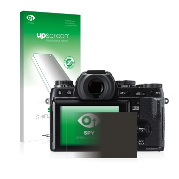 Parte frontal de un envase de producto con el logotipo de la marca upscreen. Al lado se muestra el dispositivo Fujifilm X-T1 c