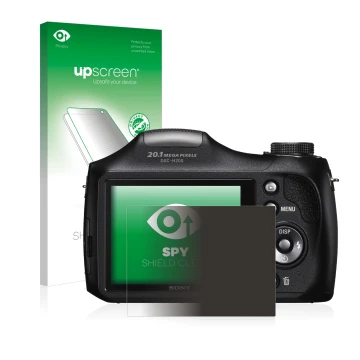 Parte frontal de un envase de producto con el logotipo de la marca upscreen. Al lado se muestra el dispositivo Sony Cyber-Shot