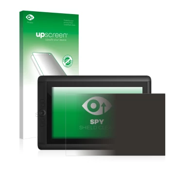 Parte frontal de un envase de producto con el logotipo de la marca upscreen. Al lado se muestra el dispositivo Wacom Cintiq 13