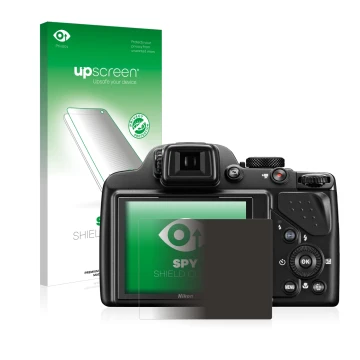 Parte frontal de un envase de producto con el logotipo de la marca upscreen. Al lado se muestra el dispositivo Nikon Coolpix P