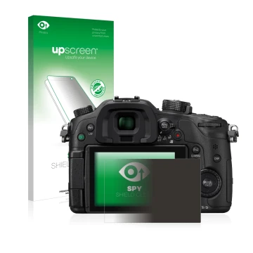 Parte frontal de un envase de producto con el logotipo de la marca upscreen. Al lado se muestra el dispositivo Panasonic Lumix