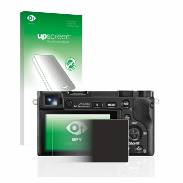 Parte frontal de un envase de producto con el logotipo de la marca upscreen. Al lado se muestra el dispositivo Sony Alpha 6000