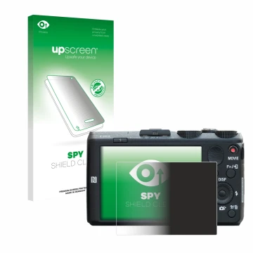 Parte frontal de un envase de producto con el logotipo de la marca upscreen. Al lado se muestra el dispositivo Sony Cyber-Shot