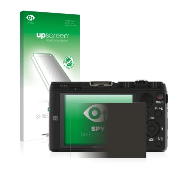 Parte frontal de un envase de producto con el logotipo de la marca upscreen. Al lado se muestra el dispositivo Sony Cyber-Shot