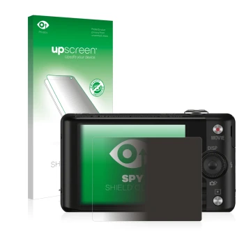 Parte frontal de un envase de producto con el logotipo de la marca upscreen. Al lado se muestra el dispositivo Sony Cyber-Shot