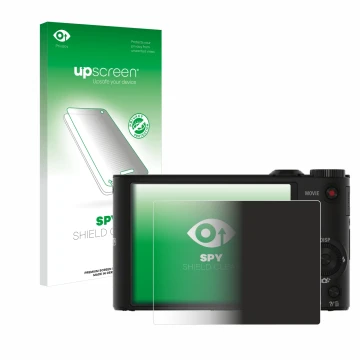Parte frontal de un envase de producto con el logotipo de la marca upscreen. Al lado se muestra el dispositivo Sony Cyber-Shot