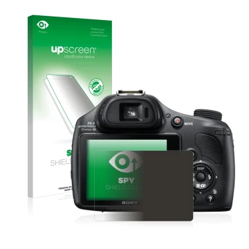 Parte frontal de un envase de producto con el logotipo de la marca upscreen. Al lado se muestra el dispositivo Sony Cyber-Shot