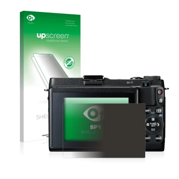 Parte frontal de un envase de producto con el logotipo de la marca upscreen. Al lado se muestra el dispositivo Canon PowerShot