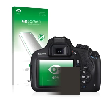 Parte frontal de un envase de producto con el logotipo de la marca upscreen. Al lado se muestra el dispositivo Canon EOS 1200D
