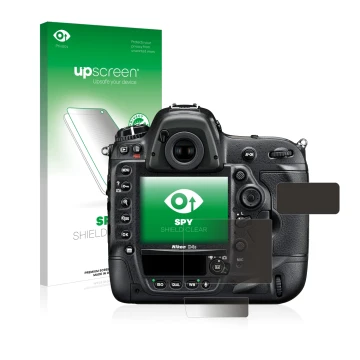 Parte frontal de un envase de producto con el logotipo de la marca upscreen. Al lado se muestra el dispositivo Nikon D4S con s