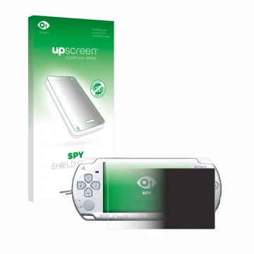 Parte frontal de un envase de producto con el logotipo de la marca upscreen. Al lado se muestra el dispositivo Sony PSP 2004 c
