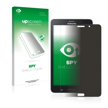 Parte frontal de un envase de producto con el logotipo de la marca upscreen. Al lado se muestra el dispositivo Samsung Galaxy 