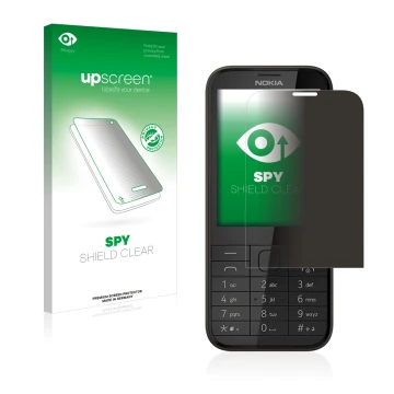 Parte frontal de un envase de producto con el logotipo de la marca upscreen. Al lado se muestra el dispositivo Nokia 225 con s