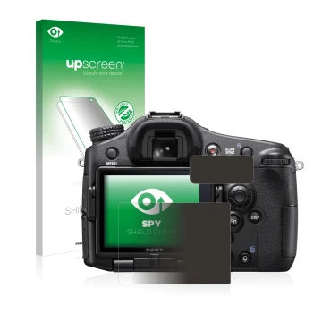 Parte frontal de un envase de producto con el logotipo de la marca upscreen. Al lado se muestra el dispositivo Sony Alpha 77 I